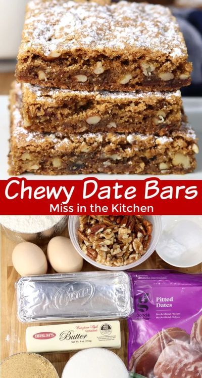 Date Bars are an old fashioned chewy cookie bar filled with chopped dates and nuts. An easy and delicious treat to bake for any day of the week. Date Recipes Desserts, Chocolate Toffee Bars, Easy Dessert Bars, Chopped Dates, Caramel Cookies Bars, Date Bars, Toffee Bars, Cookie Bar, Spring Cookies