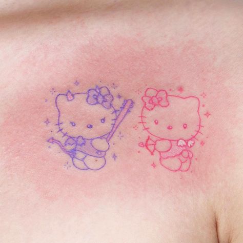 Matching Sanrio Tattoos, My Melody Tattoo, Playboy Tattoo, Tatuaje Hello Kitty, Hello Kitty Tattoo Ideas, Soft Tattoo, Hello Kitty Tattoo, Purple Tattoos, Kitty Tattoos