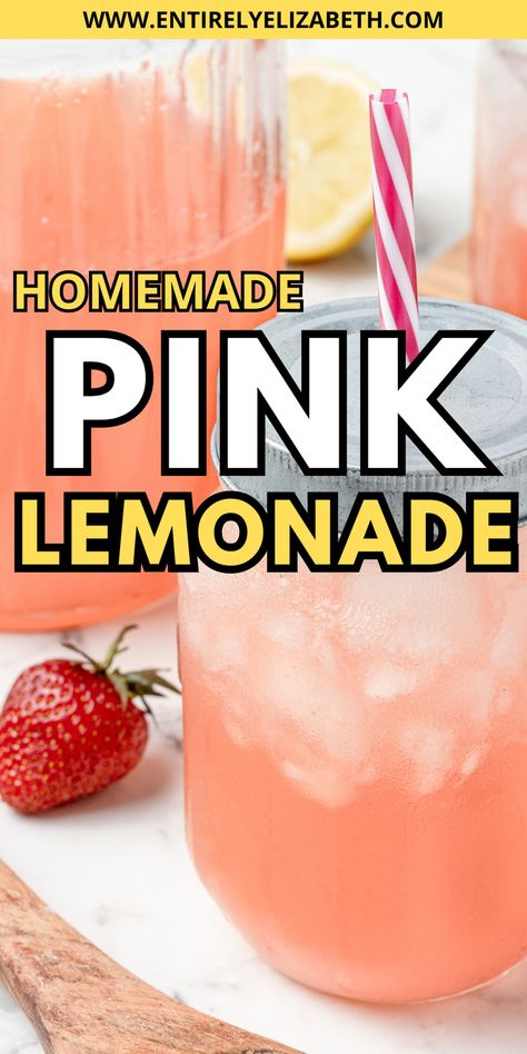 Refreshing, homemade Pink Lemonade, naturally tinted with fresh strawberries. Large 8-serving pitcher. Strawberries provide vibrant color and flavor. Best Pink Lemonade Recipe, Homemade Pink Lemonade, Pink Lemonade Recipe, Frozen Fruit Drinks, Pink Lemonade Recipes, Strawberry Simple Syrup, Mango Lemonade, Strawberry Mojito, Strawberry Drinks