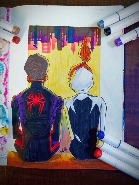 Miles Morales And Gwen Stacy Drawing, Spiderman Marker Drawing, Spider Man Across The Spider Verse Drawing, Spiderman Into The Spiderverse Drawing, Colour Full Drawing, Spider Verse Drawing, Spiderverse Drawing, Spider Man Spider Verse, Spiderman Across The Spiderverse