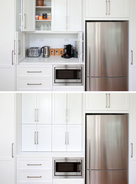 Stylish Ways To Add An Appliance Garage To Your Kitchen Hidden Microwave, Kitchen Appliance Garage, Vegas House, Kitchen Appliance Storage, Kitchen Appliances Design, Appliance Garage, Minimal Kitchen, Outdoor Kitchen Appliances, Kitchen Company