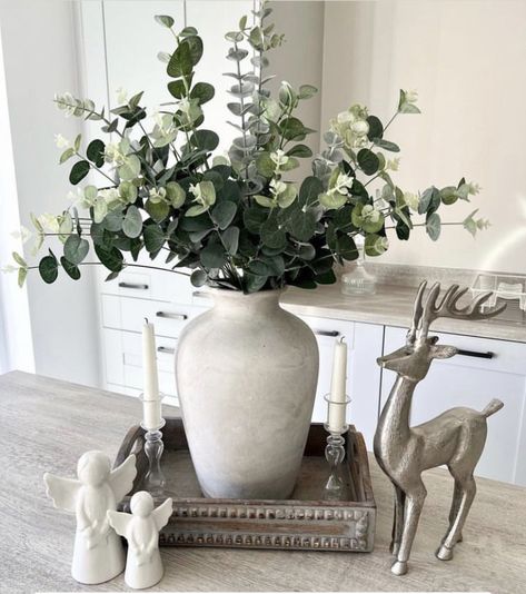 White Vases With Greenery, Kitchen Vase Filler Ideas, White Vase With Eucalyptus, Fake Eucalyptus In Vase, Flowers In Tall Vase, Table Vase Decor Ideas, White Vases Decor Ideas, Dining Table Vase, Faux Flowers Decor