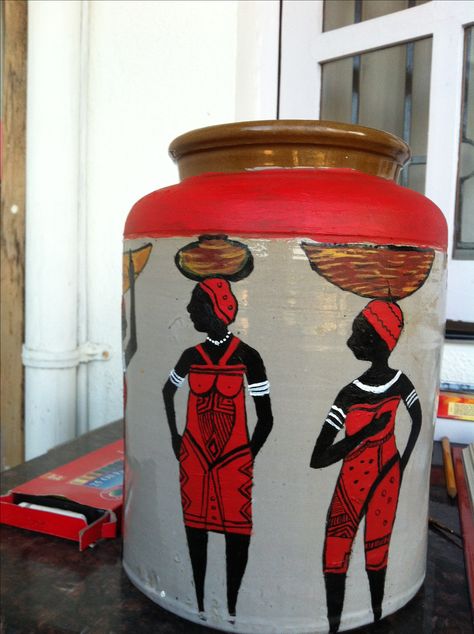 African women - painting on pickle jar Paint On Ceramic, African Women Painting, Pickle Jar, Women Painting, Jar Ideas, Pickle Jars, Woman Painting, African Women, Plant Decor