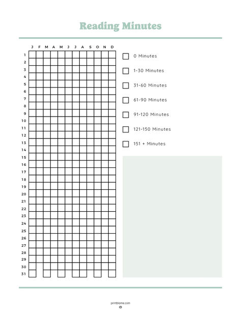 A daily reading log printable featuring a grid with months and days to track reading minutes, alongside checkboxes for different minute ranges from 0 to over 151 minutes. Reading Schedule Daily, Reading Log Printable Free, Daily Reading Log, Reading Log For Kids, Aesthetic Printables, Tracking Reading, Reading Log Printable, Tracker Free, Planner Tracker