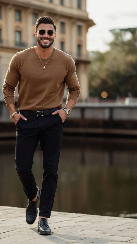 From Office to Wedding: 13 Essential Smart Casual Looks for Men 43 Dark Khaki Pants Outfit Men, Men’s Dressy Outfits, Smart Outfit Men, Sophisticated Outfits Men, Mens Business Attire, Vegas Mens Outfit Ideas, Mens Smart Outfits, Office Outfit Men, Men's Smart Casual