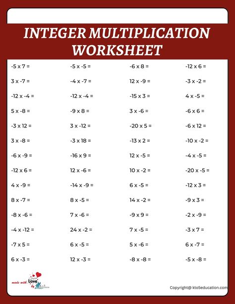 Multiplication Of Integers, Math Integers, Maths Worksheet, Mental Maths, Mental Maths Worksheets, Alphabet Letter Worksheets, Integers Worksheet, Factors And Multiples, Math Addition Worksheets