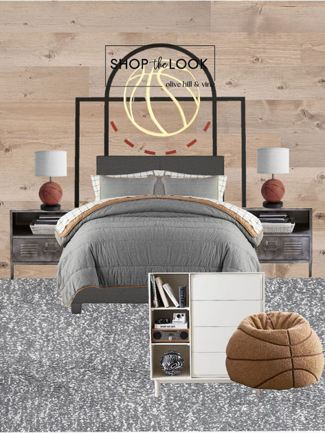 Welcome to the ultimate basketball-themed bedroom! Our curated design includes a basketball court decal, hoop-inspired table lamp, and cozy beanbag. Complete with a locker bedside table for storage and a modern panel bed with reversible comforter. Your slam-dunk style awaits!  Follow my shop @OliveHillandVine on the @shop.LTK app to shop this post! Lakers Bedroom Ideas, Basketball Inspired Bedroom, Basketball Themed Bedroom For Teens, Basketball Hoop Decor, Teen Basketball Room, Girls Basketball Room, Basketball Bedroom Ideas Boys, Boys Basketball Room, Locker Bedside Table