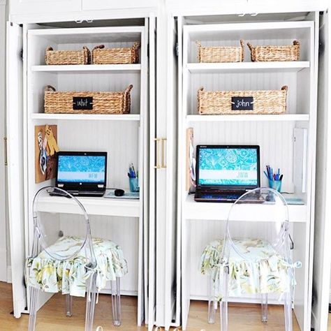 Room for two (plus a desk for yours truly) in our family office!! All the deets are on the blog. 💙💙 #dixiedecorates #familyoffice #office #organization #interiors… Armoire Office Ideas, Office In A Box Ideas, Pocket Door Desk, Hideaway Office Space, Hidden Desk In Kitchen, Hidden Built In Desk, Hideaway Desk Work Stations, Hidden Office Space, Hidden Office In Living Room