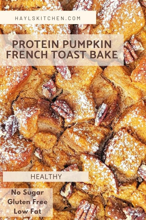 A high Protein Pumpkin French Toast Bake loaded with all the pumpkin spice flavor and nutrition. This baked pumpkin protein french toast casserole can be made overnight for a healthy meal-prep breakfast. Protein French Toast Casserole, Pumpkin French Toast Bake, Protein French Toast, Pumpkin French Toast Casserole, Healthy French Toast, Pumpkin Breakfast Recipes, Overnight Recipes, Pumpkin Protein, Pumpkin Breakfast