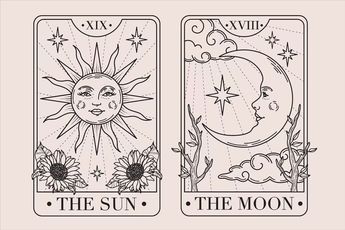 Sun And Moon Tarot Card Tattoo Matching, Illustration Tarot Cards, Taro Cards Design, Sun And Moon Tarot Card Drawing, Tarot Cards The Moon, Moon Tarot Card Drawing, Moon Tarot Tattoo, The Moon Tarot Card Tattoo, Tarot Card Moon