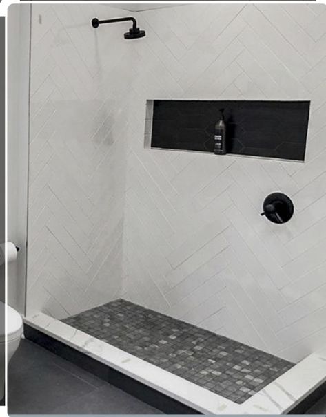 Black Shower Niche White Tiles, White Shower With Black Accent Tile, Tiled Shower Ceiling, Black And White Shower Tile Ideas, Black Shower Niche, Shower Niche Tile Ideas, Vertical Shower Tile, Black Tile Bathroom Floor, Basement Rental