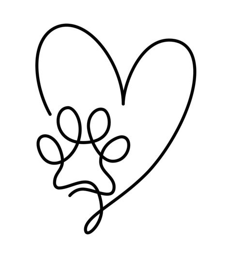 Heart with cat or dog paw in continuous one line drawing logo. Minimal line art. Animal foorprint in heart. Pet love concept Minimal Dog Illustration, Dog And Cat Line Art, Dog Love Drawing, Love Animals Tattoo, Cat One Line Drawing, Dog Love Aesthetic, One Line Dog Drawing, Easy Line Art, Heart Line Drawing