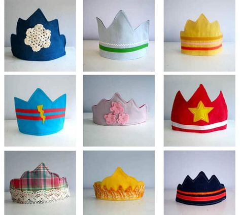 DIY Fabric Crowns (Free Templates) Fabric Crown Diy, Fabric Birthday Crown Diy, Fabric Crowns, Waldorf Birthday Crown, Diy Birthday Crown, Kids Party Hats, Crown Template, Crown Ideas, Fabric Crown