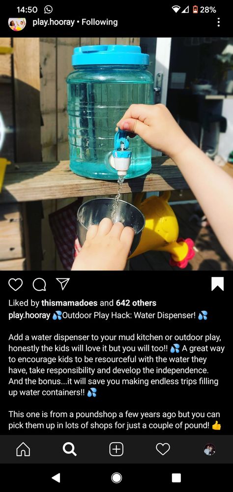 Mud Kitchen Water Dispenser, Play Hacks, Mud Kitchen, Water Jug, Gatorade Bottle, Water Dispenser, Outdoor Play, Drink Bottles, Activities For Kids