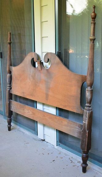 I have been redoing my porch in the One Room Challenge and we found a headboard that was being tossed away and decided to make a bench for our porch. Diy Headboard Bench, Old Door Headboard, Furniture Stripping, Headboard From Old Door, Front Porch Addition, Repurposed Headboard, Headboard Benches, Old Headboard, Door Headboard