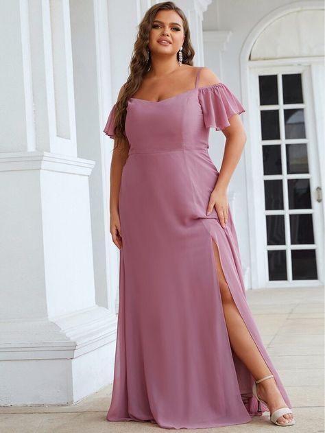 EVER-PRETTY Plus Cold Shoulder Split Thigh Chiffon Bridesmaid Dress | SHEIN USA Fairytail Wedding, Chifon Dress, Classy Bridesmaid Dresses, Bustle Dresses, Romantic Bridesmaid Dresses, Flowy Bridesmaid Dresses, Quincenera Dresses, Dancesport Dresses, Evening Gala