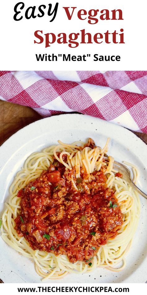 Easy Vegan Spaghetti with “Meat” Sauce is easy to make on the stove in just 30 minutes! This classic Italian dinner is the best choice when you need something quick, easy, and comforting. Plus, the vegan “meat” sauce can be made months in advance. Vegan Ground Beef, Vegan Spaghetti, Pasta With Meat Sauce, Sauce Bolognaise, Vegan Beef, Spaghetti Meat Sauce, Meat Sauce Recipes, Quick Easy Vegan, Vegan Meat