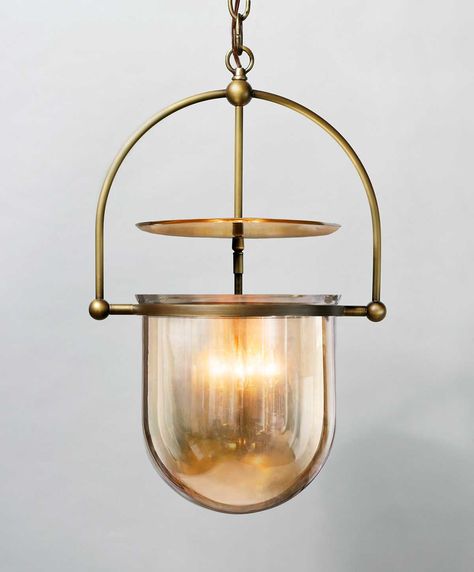 The Urban Electric Company's Urban Smokebell Pendant- shown in Antique Brass with Translucent Antique Mirror on Clear Glass (small size). #hanginglights #lighting #lightfixture #urbanelectric #americanmade #lights #homedecorideas #homedecorinspiration #homedecor #interiordesign #interiordesignideas #pendant #interiordesigninspiration #interiorlights Foyer Pendant Lighting, Glass Shade Pendant Light, Lampe Art Deco, Urban Lighting, Foyer Pendant, Modern Pendant Light, Chandelier Ceiling Lights, Glass Pendant Light, Amber Glass