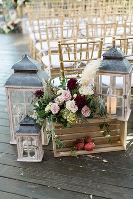 Fall Ceremony Decorations, Decor With Lanterns, Rustic Wedding Dresses Country, Red Dahlias, Fall Ceremony, Calamigos Ranch Wedding, Shopping Together, Fall Wedding Bridesmaids, Rustic Wedding Backdrops