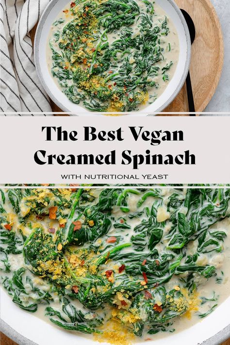 Vegan Creamed Spinach, Spinach Side Dish, Vegan Creamer, Boiled Spinach, Raw Spinach, Dairy Free Cream, Spicy Dishes, Cashew Milk, Creamy Spinach