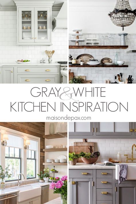 So many stunning gray and white kitchens! Including marble countertops and backsplashes, subway tiles, open shelving, farmhouse sinks, two tone cabinets, and more. #kitchendesign #kitcheninspo Gray Cottage Kitchen, White And Grey Farmhouse Kitchen, Grey White And Wood Kitchen, Kitchen With Painted Cabinets, Gray Farmhouse Kitchen, Tuxedo Kitchen, Container Home Decor, Dream Home Ideas, White Kitchen Inspiration