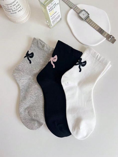 3 Pairs Bow-Knot Decorated Comfortable Mid-Calf Socks For Women, Korean Style Multicolor    Fabric Animal,Geometric    Women Socks & Hosiery, size features are:Bust: ,Length: ,Sleeve Length: Socks Bow, Aesthetic Socks, Animal Geometric, Korean Socks, Women Crew Socks, Estilo Preppy, Styles P, Socks For Women, Women Socks