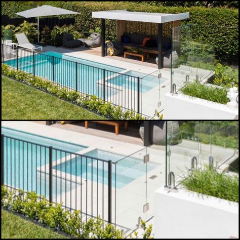 Black Metal Pool Fence, Black Pool Fence Ideas Australia, Metal Pool Fence, Glass Fence Around Pool, Black Pool Fencing, Black Pool Fence, Fences Around Pools Ideas, Pool With Fence, Modern Pool Fence