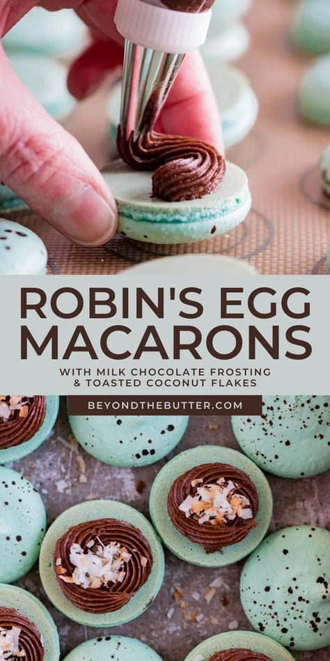 This Robin's Egg Macarons recipe gives you the most flavorful vanilla macaron shells sandwiched together with a luscious milk chocolate frosting and toasted coconut flakes. It's a welcoming, delicious treat for Easter and the spring season! Recipe on BeyondtheButter.com | #beyondthebutter #macarons #dominosugar #easter #spring Egg Macarons, French Macaroon Recipes, Brown Food Coloring, Milk Chocolate Fudge, Milk Chocolate Frosting, Macaron Recipes, Macarons Recipe, Coconut Dessert, Easy Easter Desserts