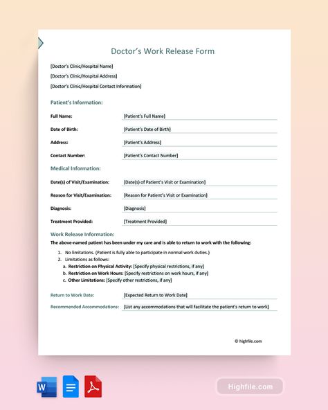 Doctor’s Work Release Form Return To Work Form, Return To Work, Medical Information, Personal Injury, A Doctor, I Care, To Work, Medical