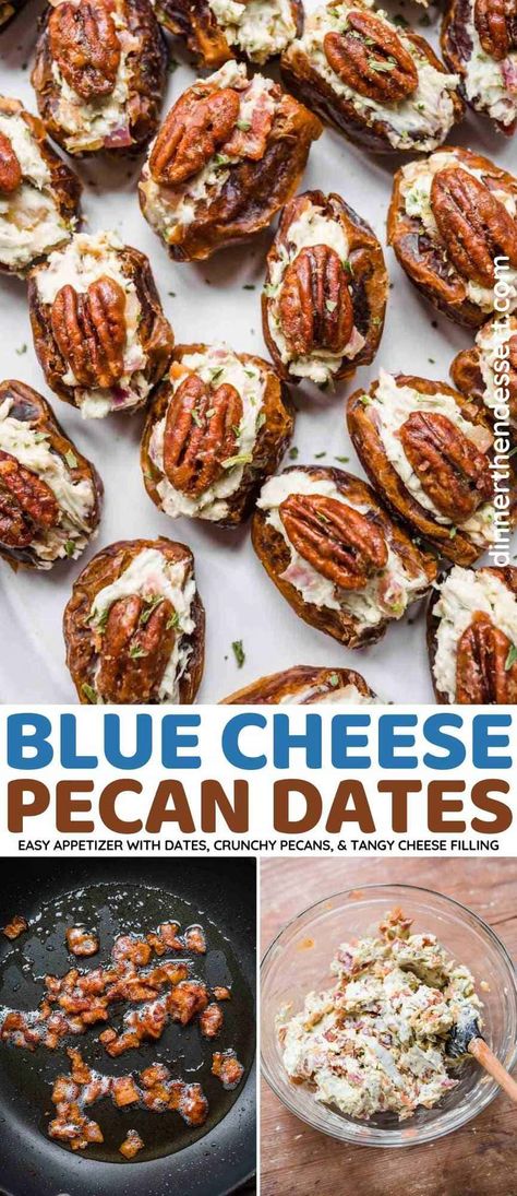 Blue Cheese Pecan Dates are an easy and impressive appetizer with candied pecans, crumbled blue cheese, pitted dates, and bacon. Rosemary Sizzled Salami Dates And Pecans, Dates Stuffed With Blue Cheese, Dates And Blue Cheese, Things To Do With Blue Cheese, Blue Cheese Stuffed Dates Wrapped In Prosciutto, Bacon Wrapped Dates With Blue Cheese, Blue Cheese Recipes Appetizers, Cheese Olives Appetizer, Dates And Bacon