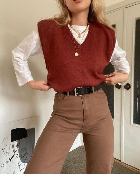 Maroon Aesthetic Clothes, Red Vest Outfits Aesthetic, Maroon Vest Outfits For Women, Brown And Maroon Outfit, Gender Neutral Formal Outfit, Maroon Vest Outfit, Maroon Outfit Aesthetic, Red Academia Outfit, Red Vest Outfits For Women