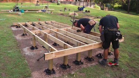 How to build a deck using TuffBlocks: A 10 Step How-To-Guide (Part 2) – BuildTuff USA Concrete Deck Blocks, Deck Blocks, Deck Foundation, Freestanding Deck, Building A Floating Deck, Build A Deck, Concrete Deck, Deck Framing, Deck Supports