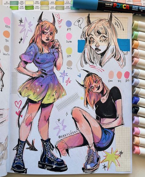 Gretel Lusky on Twitter: "😈✨💕 https://t.co/OD7OVKY7IY" / Twitter Gret Lusky Sketchbook, Gretlusky Sketchbook, Gretel Lusky Sketbook, Cute Marker Art, Cyberpunk Poses, Unique Art Styles Inspiration, Gretlusky Art, Sketchbook Character Design, Sketchbook Inspiration Aesthetic