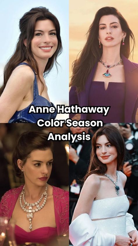 Ever wondered what Anne Hathaway's color season is? Discover why she's a Dark Winter and how it enhances her features. Anne Hathaway Color Season, Anne Hathaway Best Looks, Ann Hathaway Hair Color, Deep Winter Fashion Outfits, Anne Hathaway Color Palette, Anne Hathaway Color Analysis, Winter Color Analysis Outfits, Anna Hathaway Outfits, Cool Winter Celebrities