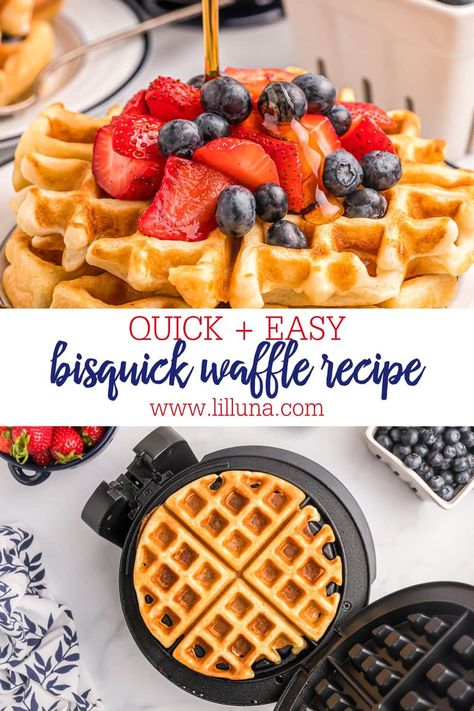 Quick and easy Bisquick Waffle Recipe uses a shortcut on a breakfast favorite, but doesn't skimp on flavor! #bisquickwaffles #bisquick #waffles #breakfast Bisquick Waffles For 2, Waffles With Bisquick Recipes, Waffles Bisquick Recipe, Bisquick Belgian Waffle Recipe, Waffle And Pancake Mix Recipe, Bisquick Waffles Best, Bisquick Breakfast Ideas, Waffle Recipe Bisquick, Baking Mix Waffle Recipe