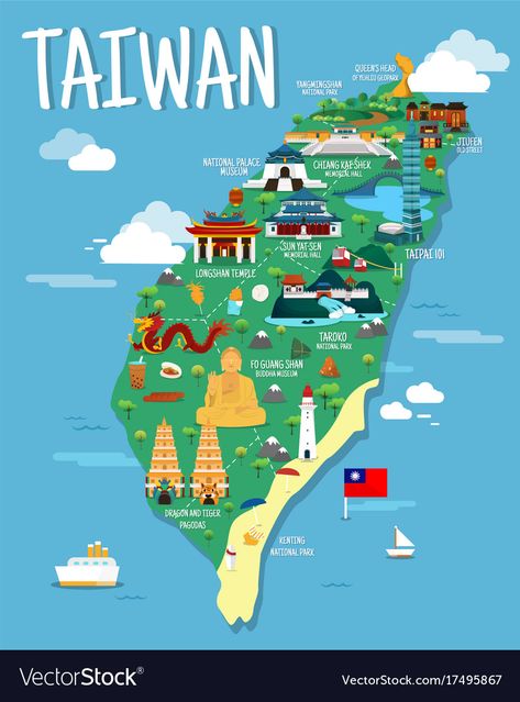 Landmarks Illustration, Taiwan Map, Taiwan Image, Land Mark, Taroko National Park, Kenting, Taiwan Travel, Tourist Map, Map Travel