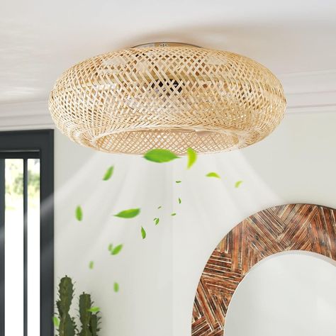 ✨【𝐎𝐫𝐢𝐠𝐢𝐧𝐚𝐥 𝐏𝐚𝐭𝐞𝐧𝐭𝐞𝐝 𝐂𝐞𝐢𝐥𝐢𝐧𝐠 𝐅𝐚𝐧】luansky 20" boho rattan ceiling fan with lights and remote hides 5 transparent blades inside the enclosed cage, with a hand-woven bamboo caged shade, which is made of natural bamboo material, ideal as a bohemian bedroom low profile enclosed ceiling fan with Boho Ceiling Fan With Light, Boho Ceiling Fan, Boho Ceiling, Wall Decor Living Room Modern, Rattan Ceiling, Beach House Lighting, Living Room Ceiling Fan, Bamboo Ceiling, Rattan Light Fixture