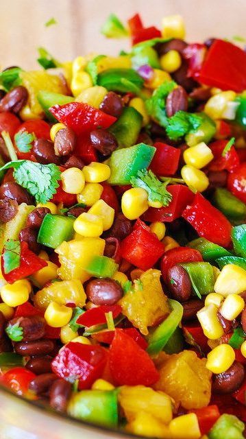 Southwestern salsa with black beans, corn, chopped bell peppers, tomatoes, pineapple, cilantro, and lime juice Shrimp Grilled, Bell Pepper Salad, Main Salad, Southwestern Recipes, Black Beans Corn, Pineapple Salad, Pepper Salsa, Cooked Shrimp, Black Bean Corn