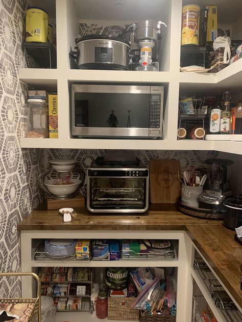 Microwave Inside Pantry Cabinet, Corner Pantry With Microwave, Microwave On Pantry Shelf, Pantry Microwave Ideas, Microwave In Small Pantry Closet, Microwave Inside Pantry, Closet Pantry With Microwave, Butcher Block Pantry, Pantry With Microwave