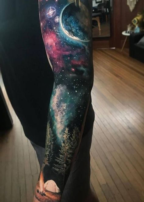 Sleeve Guide, A Sleeve Tattoo, Galaxy Tattoo Sleeve, Arm Cover Up Tattoos, Space Tattoo Sleeve, Outer Space Tattoos, Cosmic Tattoo, Mangas Tattoo, Sky Tattoos