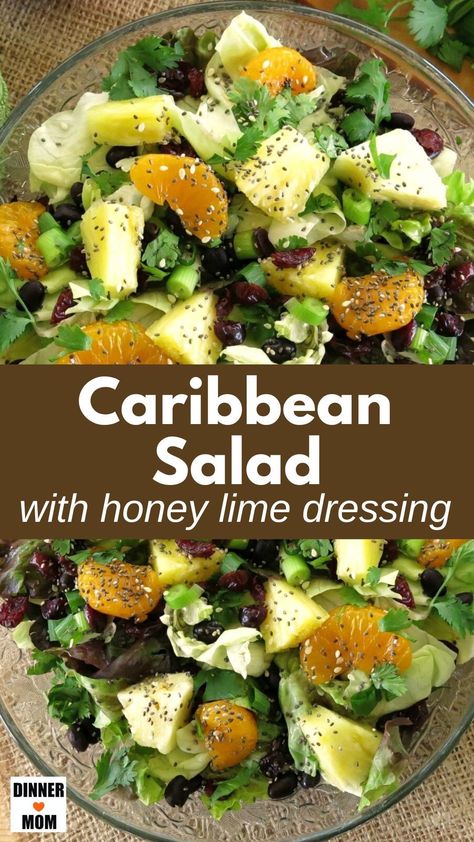 Tropical Salad Recipes, Lime Salad Recipes, Caribbean Salad, Pineapple Salad Recipes, Salad With Honey Lime Dressing, Bistro Salad, Colorful Salad, Honey Lime Dressing, Summer Salads With Fruit