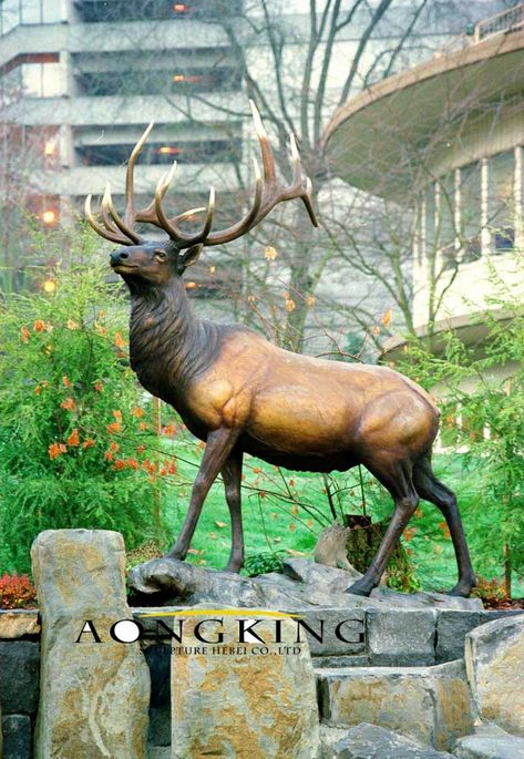 Elk Sculpture, Monument Sculpture, Troutdale Oregon, Reindeer Sculpture, Log Cabin Christmas, Reindeer Statue, Deer Statues, Bull Elk, Into The West