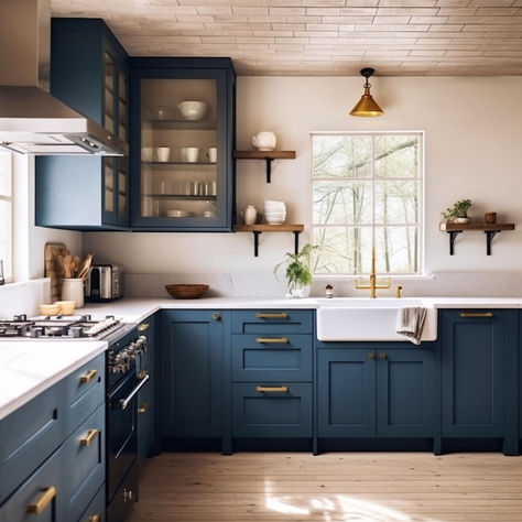 You Will Fall in Love With These 28 Blue Kitchens Antique Blue Kitchen Cabinets, Antique Blue Kitchen, Navy Blue Kitchen Cabinets Farmhouse, Blue Kitchen Aesthetic, Blue Country Kitchen, Navy Blue Kitchen Cabinets, Kitchen Color Palettes, Blue Kitchen Island, Navy Blue Kitchen