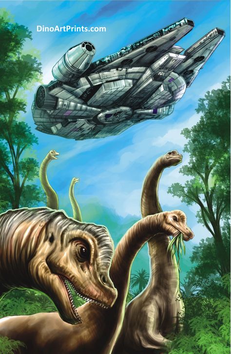 Millennium Falcon/Brachiosaurus (Star Wars, Jurassic Park) 11" x 17" Museum Quality 100 lb. Gloss Art Print by Artist John Becaro. Hand Drawn, Digitally Colored & 100% Original. Mosasaurus Drawing, Dinosaur Concept Art, The Millenium Falcon, Jurassic World Raptors, Jurassic World Wallpaper, Dinosaur Wallpaper, Millenium Falcon, Jurassic World Dinosaurs, Adventure Time Finn