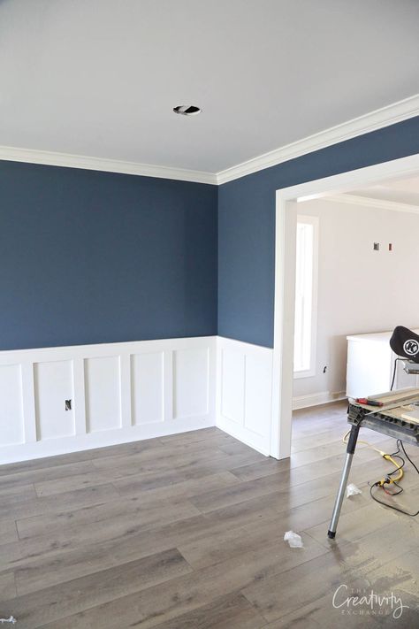 Sherwin Williams Blue Dining Room, Blue Dining Room Walls Sherwin Williams, Blue And White Painted Walls, Basement Blue Walls, Smokey Blue Accent Wall, Blue Paint For Living Room Walls, Smokey Azurite Sherwin Williams, Blue Wainscoting Bedroom, Living Room Blue Accent Wall