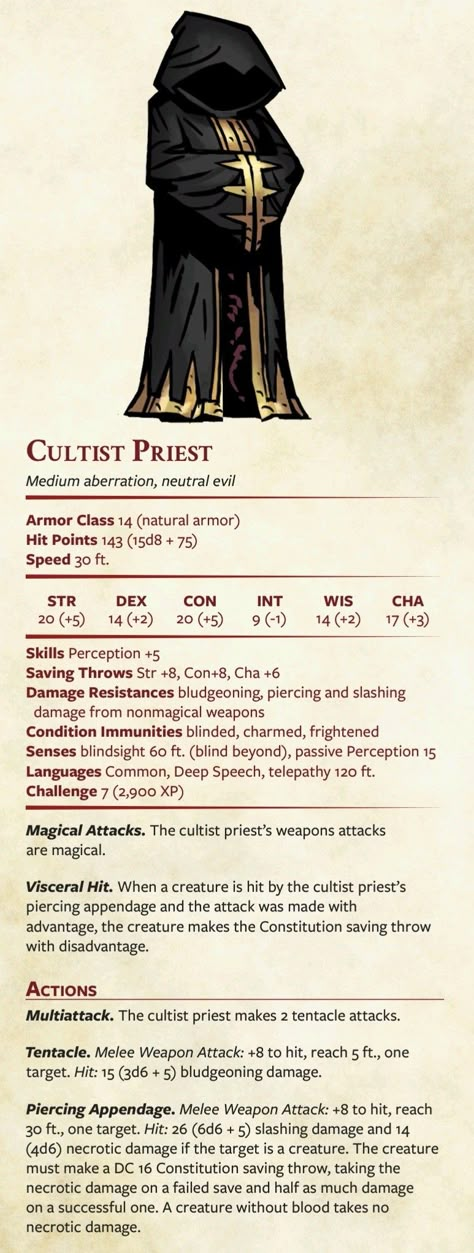 5e Cultist, Dnd Cultist Stats, Cultist Dnd 5e, Dnd Enemies Low Level, Dnd Cultist, Homebrew Monsters, Dungeons And Dragons Rules, Dnd Monster, Dnd Npc