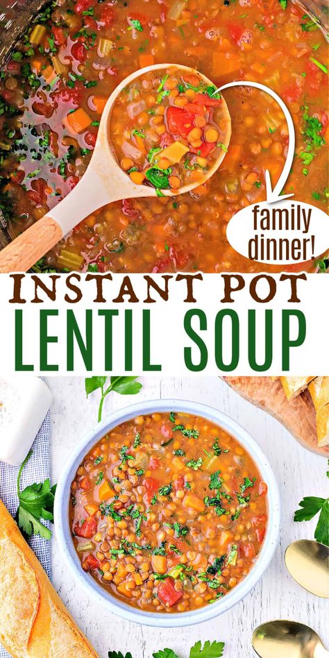 Comforting Lentil Soup is made quick and convenient with the use of an Instant Pot. With only 10 ingredients, you’ll have a delicious, stick-to-your-ribs soup in no time! Instant Pot Lentil Soup, Vegan Instant Pot Recipes, Vegetarian Instant Pot, Pot Recipes Healthy, Instant Pot Soup, Lentil Recipes, Instant Pot Dinner Recipes, Instapot Recipes, Instant Pot Pressure Cooker