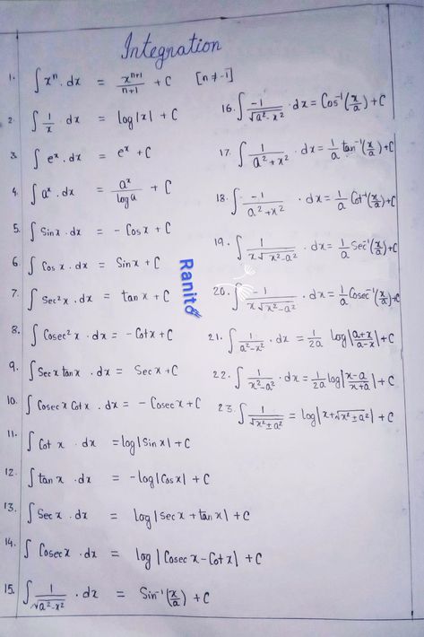 Here's a few important formulas of calculus for indefinite integration. There's a lot more,plus,I have skipped the formulas of integration by parts... Integrals Calculus Formula, Maths Integration Formula, Indefinite Integration Formulas, All Integration Formulas, Calculus 2 Notes, Continuity And Differentiability Formula, Integration Formulas Tricks, Integration Formulas Notes, Calculas Formulas