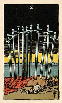 Ten of Swords Tarot Card Meaning | Tarot.com Wildwood Tarot, Page Of Swords, All Tarot Cards, Rider Waite Tarot Decks, Rider Waite Deck, Tarot Significado, Swords Tarot, 78 Tarot Cards, Illustration Tattoo