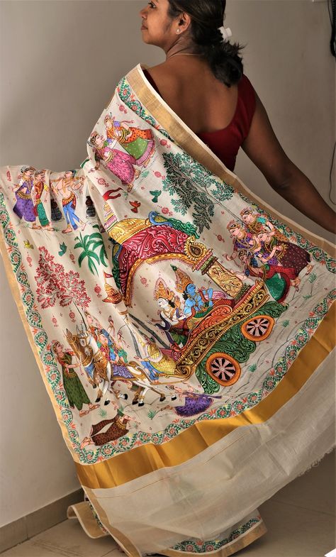 Advaita Handicrafts hand painted Patachitra saree - Krishna Mathura Gaman - Sarees Women Apparel | World Art Community Patachitra Saree, Patachitra Paintings, Saree For Women Indian, Handmade Saree, Women Artist, Saree Painting Designs, Saree Painting, Hand Painted Sarees, Star Painting